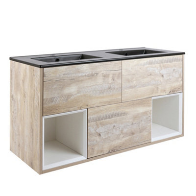 Homestylestore Light Oak 1212mm Wall Hung Bathroom Vanity Unit Led Lit Open Shelf And Graphite Basin - image 1