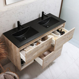 Homestylestore Light Oak 1212mm Wall Hung Bathroom Vanity Unit Led Lit Open Shelf And Graphite Basin - thumbnail 2