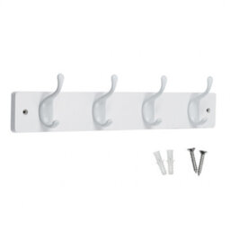 Keypak 4 White Coat Hooks On White Wooden Board - 46Cm Modern Wall Mounted Coat Rack Clothes Hanger