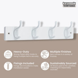 Keypak 4 White Coat Hooks On White Wooden Board - 46Cm Modern Wall Mounted Coat Rack Clothes Hanger - thumbnail 2