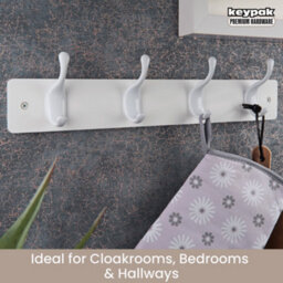 Keypak 4 White Coat Hooks On White Wooden Board - 46Cm Modern Wall Mounted Coat Rack Clothes Hanger - thumbnail 5