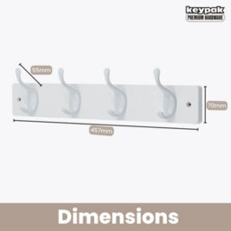Keypak 4 White Coat Hooks On White Wooden Board - 46Cm Modern Wall Mounted Coat Rack Clothes Hanger - thumbnail 3