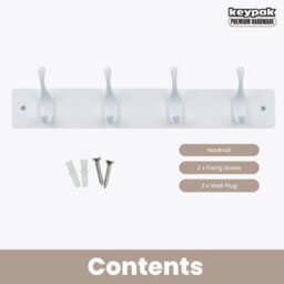 Keypak 4 White Coat Hooks On White Wooden Board - 46Cm Modern Wall Mounted Coat Rack Clothes Hanger - thumbnail 4