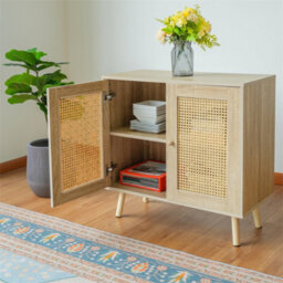 Abrihome Rattan Sideboard Cabinet With 2 Doors For Living Room, Adjustable Shelf, 80X35X78Cm