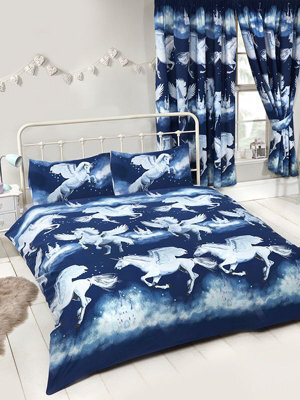 Stardust Unicorn Double Duvet Cover And Pillowcase Set - Navy Blue - image 1