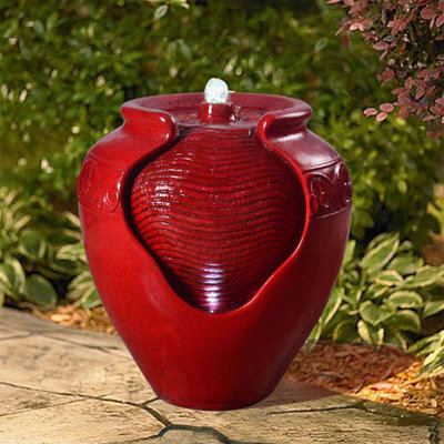 Teamson Home Garden Outdoor Water Feature, Floor Water Fountain, Glazed Pot Design, With Led Lights - Red - image 1
