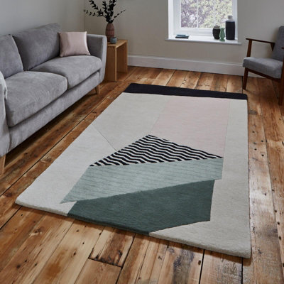 Beige Handmade Luxurious Modern Wool Geometric Rug For Bedroom & Living Room-150Cm X 230Cm - image 1