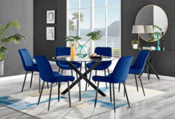 Furniturebox Uk Novara Black Leg 120Cm Round Glass Dining Table & 6 Navy Pesaro Black Leg Chairs - thumbnail 1