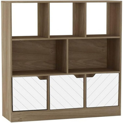 Urbn-Living Urbnliving Asymmetrical 8 Cube Oak Bookcase Freestanding Storage Unit With 3 Line Design Doors - White - image 1