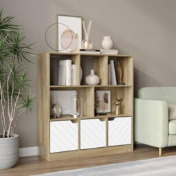 Urbn-Living Urbnliving Asymmetrical 8 Cube Oak Bookcase Freestanding Storage Unit With 3 Line Design Doors - White - thumbnail 2