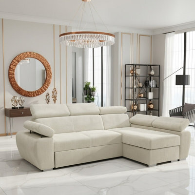 Boston Mini Premium Right Hand Corner Sofa Bed Beige Corduroy Upholstery With Storage And Bonell Spring Support - image 1