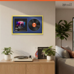 "30X17"" Gold Modern Vinyl Record Frame With Blue Mount For 12 Inch Lp Album Cover & Disc - Ak Frames" - thumbnail 5