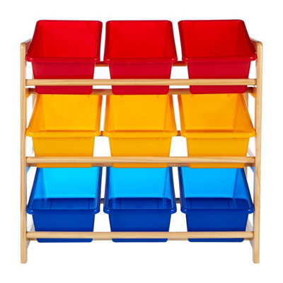 Orsina 3 Tier Wooden Frame Storage Unit, Colourful Plastic Bins With Wooden Storage Unit, Toy Organiser For Kids - image 1