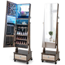 Costway Lockable Jewelry Armoire W/ Full-Length Mirror Mobile Jewelry Cabinet W/ 3-Color Light & Drawer Adjustable Angles - thumbnail 1