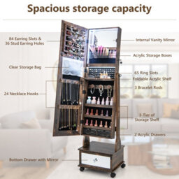 Costway Lockable Jewelry Armoire W/ Full-Length Mirror Mobile Jewelry Cabinet W/ 3-Color Light & Drawer Adjustable Angles - thumbnail 5