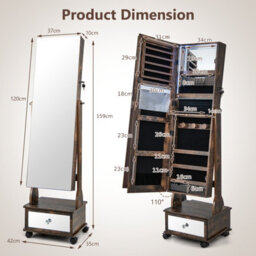 Costway Lockable Jewelry Armoire W/ Full-Length Mirror Mobile Jewelry Cabinet W/ 3-Color Light & Drawer Adjustable Angles - thumbnail 2