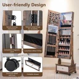Costway Lockable Jewelry Armoire W/ Full-Length Mirror Mobile Jewelry Cabinet W/ 3-Color Light & Drawer Adjustable Angles - thumbnail 9