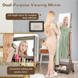 Costway Lockable Jewelry Armoire W/ Full-Length Mirror Mobile Jewelry Cabinet W/ 3-Color Light & Drawer Adjustable Angles - thumbnail 7