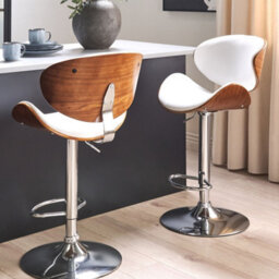 Wyld And Coco Nova Modern Set Of 2 Swivel Bar Stools - White Faux Leather, Dark Wood Effect, Adjustable Height - thumbnail 2