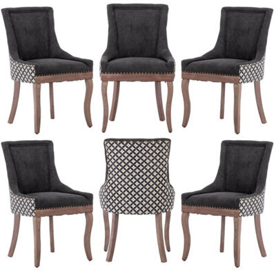 HomeTouch Set Of 6 Black Fabric Dining Chairs With Nailhead Trim & Wood Legs - image 1