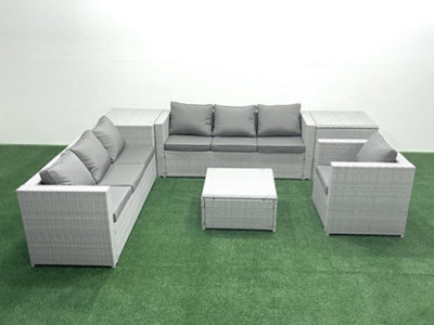 Fimous Wicker Pe Rattan Sofa Garden Furniture Set Armchair Square Coffee Table 2 Side Tables Light Grey - image 1