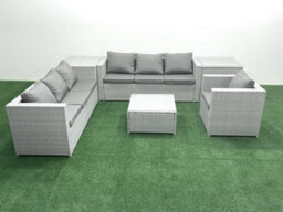 Fimous Wicker Pe Rattan Sofa Garden Furniture Set Armchair Square Coffee Table 2 Side Tables Light Grey - thumbnail 2