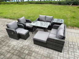 Fimous 9 Seater Wicker Pe Rattan Garden Dining Set Outdoor Furniture Sofa With Dining Table  3 Footstools Dark Grey Mixed - thumbnail 1