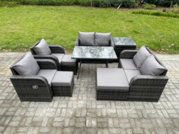 Fimous 9 Seater Wicker Pe Rattan Garden Dining Set Outdoor Furniture Sofa With Dining Table  3 Footstools Dark Grey Mixed - thumbnail 2