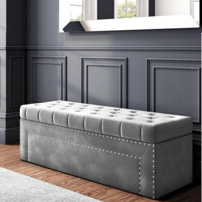 150Cm Duke Ottoman Storage Box -Upholstered Blanket Box - Grey Plush Velvet Multifunctional Storage Box - image 1