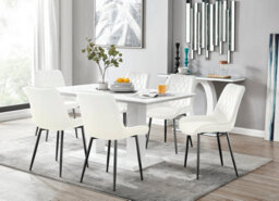 Furniturebox Imperia White High Gloss 6 Seater Dining Table With Structural 2 Plinth Column Legs 6 Cream Velvet Black Leg Pesaro Chairs