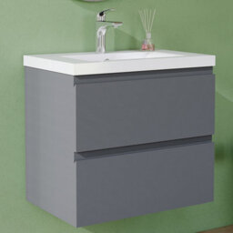 AVER-GROWTH 600mm Vanity Unit With Basin High Gloss Grey Thick Ceramic Sink Wall Hung Bathroom Storage Cabinet Soft Close Hinges 2 Drawers - thumbnail 1