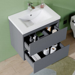 AVER-GROWTH 600mm Vanity Unit With Basin High Gloss Grey Thick Ceramic Sink Wall Hung Bathroom Storage Cabinet Soft Close Hinges 2 Drawers - thumbnail 4