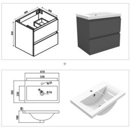 AVER-GROWTH 600mm Vanity Unit With Basin High Gloss Grey Thick Ceramic Sink Wall Hung Bathroom Storage Cabinet Soft Close Hinges 2 Drawers - thumbnail 7