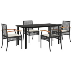Berkfield 5 Piece Garden Dining Set With Cushions Black Poly Rattan - thumbnail 2
