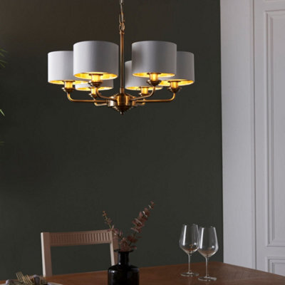 Anson Lighting Haywood Antique Brass With Vintage White Faux Silk Shades Classic Modern 6 Light Ceiling Pendant - image 1