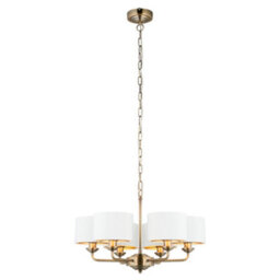 Anson Lighting Haywood Antique Brass With Vintage White Faux Silk Shades Classic Modern 6 Light Ceiling Pendant - thumbnail 2