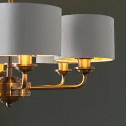 Anson Lighting Haywood Antique Brass With Vintage White Faux Silk Shades Classic Modern 6 Light Ceiling Pendant - thumbnail 3