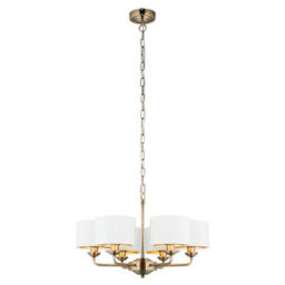 Anson Lighting Haywood Antique Brass With Vintage White Faux Silk Shades Classic Modern 6 Light Ceiling Pendant - thumbnail 6