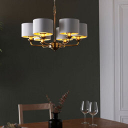 Anson Lighting Haywood Antique Brass With Vintage White Faux Silk Shades Classic Modern 6 Light Ceiling Pendant - thumbnail 1