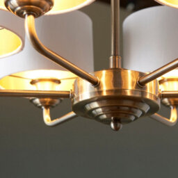 Anson Lighting Haywood Antique Brass With Vintage White Faux Silk Shades Classic Modern 6 Light Ceiling Pendant - thumbnail 4
