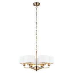 Anson Lighting Haywood Antique Brass With Vintage White Faux Silk Shades Classic Modern 6 Light Ceiling Pendant - thumbnail 7