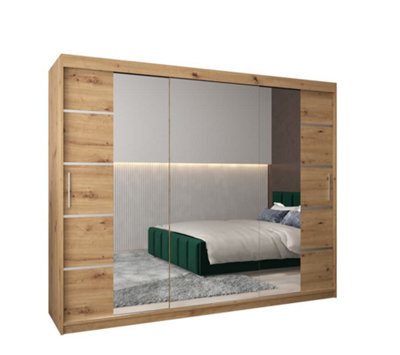 Arte Verona 04 Contemporary 3 Mirrored Sliding Door Wardrobe 9 Shelves 2 Rails Oak Artisan Effect (H)2000mm (W)2500mm (D)620mm - image 1
