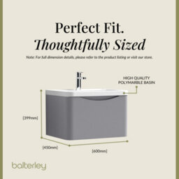 Balterley Dunwood Wall Hung 1 Drawer Bathroom Vanity Unit & Polymarble Basin, Satin Grey, 550mm - thumbnail 5
