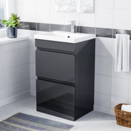 Nes Home Dark Grey 500mm Pvc Freestanding Basin Vanity Unit 2 Drawers Handless - thumbnail 1