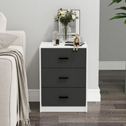 Urbn-Living Urbnliving Height 56Cm 3 Drawer Wooden Bedroom Bedside Cabinet White Carcass And Black Drawers Furniture Storage Nightstand - thumbnail 3