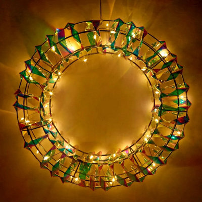Urbn-Living Urbnliving 40Cm Round Iridescent Wreath Decoration With Led Lights Christmas Ornament Lights Hanging Xmas Decor - image 1