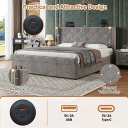 Abrihome 4Ft6 Double Upholstered Storage Bed With Usb-C, Headboard Lights & Charging - Grey Velvet - thumbnail 4