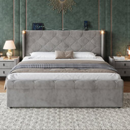 Abrihome 4Ft6 Double Upholstered Storage Bed With Usb-C, Headboard Lights & Charging - Grey Velvet - thumbnail 2