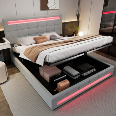 Btm Upholstered Hydraulic Bed 4Ft6 Double 135X190Cm Grey Velvet Iron Led Lighting Storage Bed Adults Teenagers - image 1
