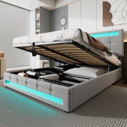 Btm Upholstered Hydraulic Bed 4Ft6 Double 135X190Cm Grey Velvet Iron Led Lighting Storage Bed Adults Teenagers - thumbnail 2